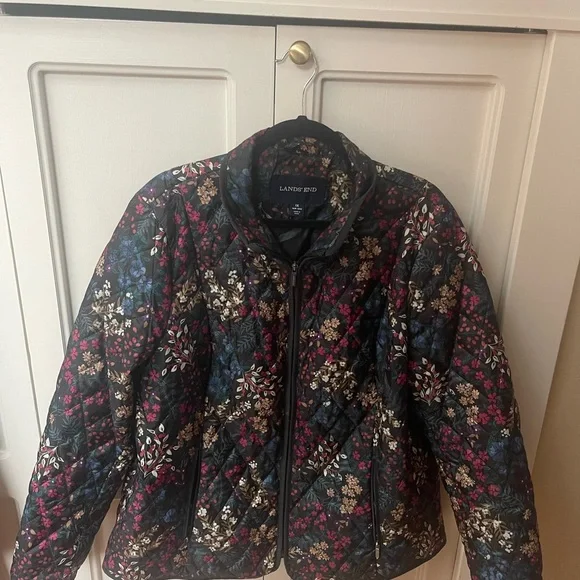 Lands' End Women's Floral Quilted Puffer Jacket - Black with Multicolor Accents - Picture 2 of 2